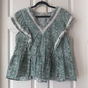 LOFT Green Floral Blouse with White Accents